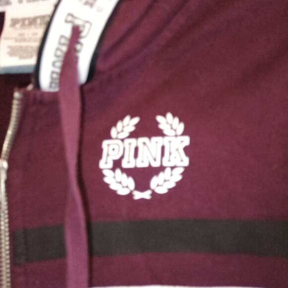 PINK Victoria's Secret Full Zip Hoodie XS Maroon White Black Stripe Mesh 2016 - Picture 8 of 12